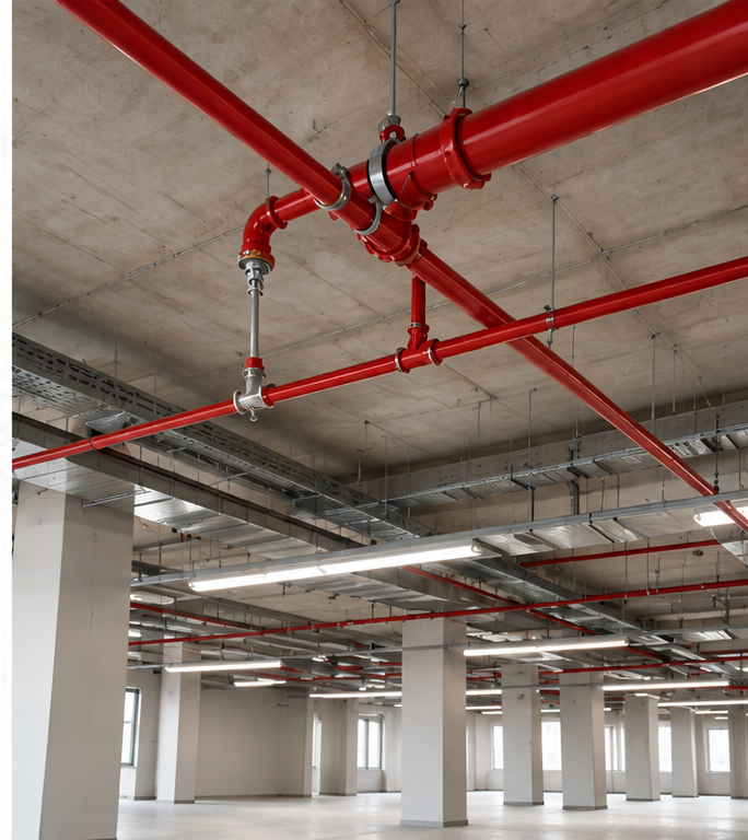 İstanbul yangın sprinkler tesisatı, kırmızı çelik borulu tavan tipi yangın söndürme sistemi – Mekanik İstanbul